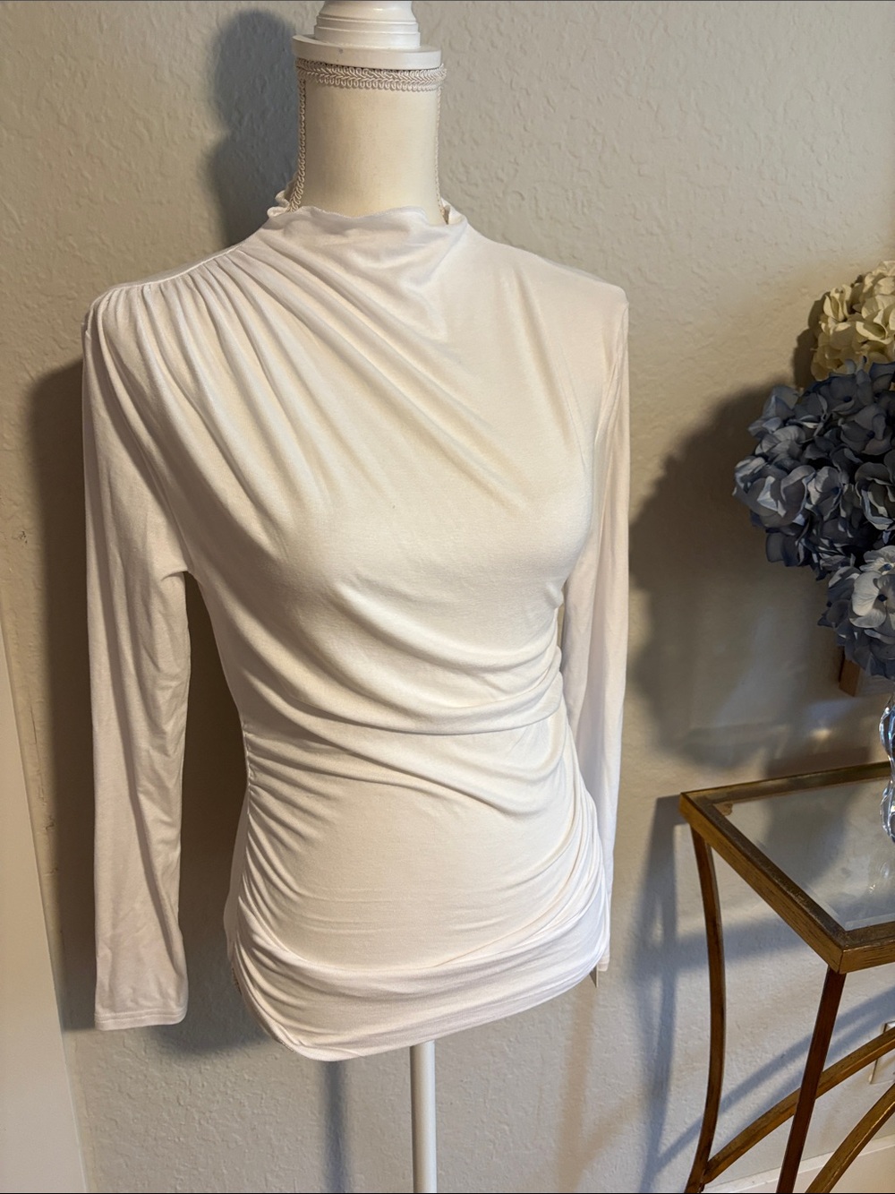 Commense White Ruched Mock Neck Long-Sleeve Top